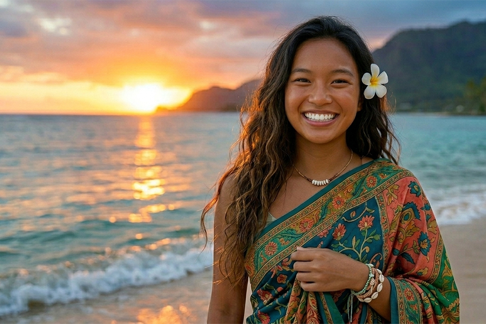 hawaiian woman smiling on the beach at sunset