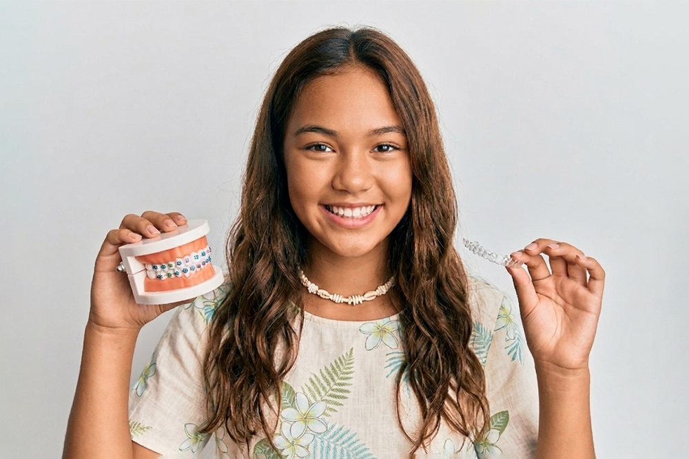 a teen girl holding a model of teeth with braces and a clear aligner