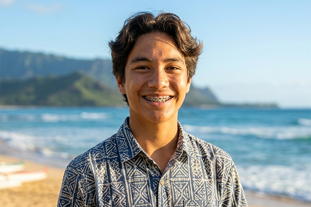 teen boy with metal braces smiling