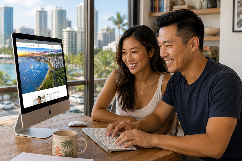 couple smiling and using a computer