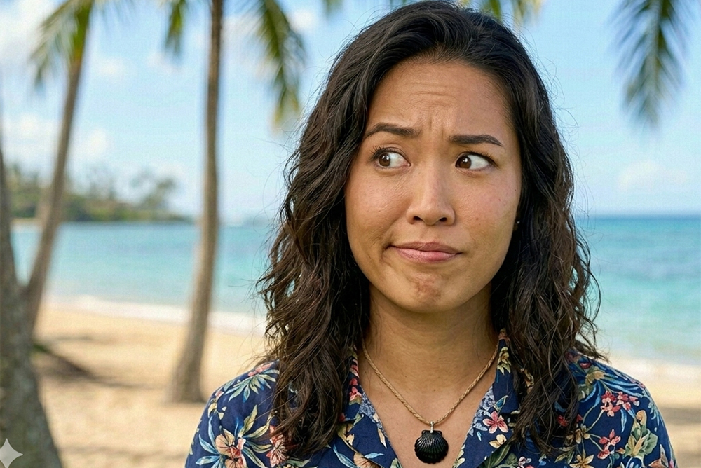 woman with quizzical look on the beach