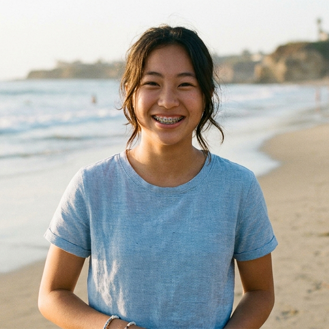 teenage girl with braces smiling with the pacific coast in the background