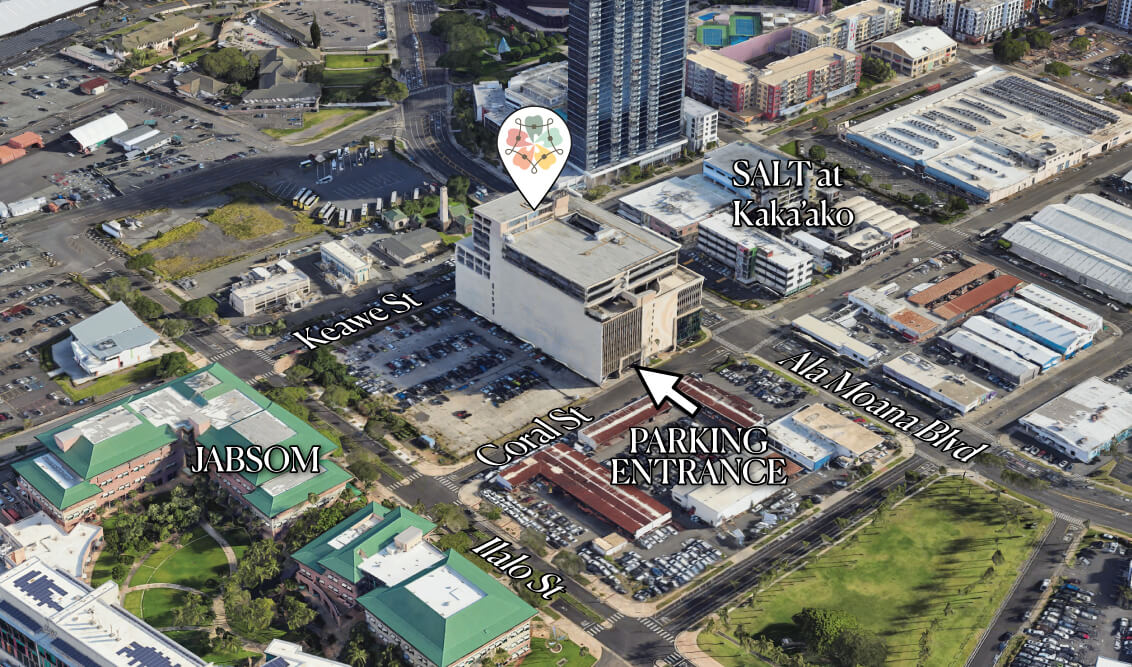 satellite map of office location showing specifically where the parking entrance is on Coral St. 