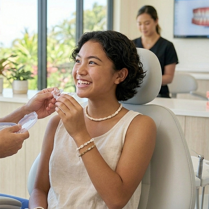 teen girl being handed invisalign aligner by orthodontist