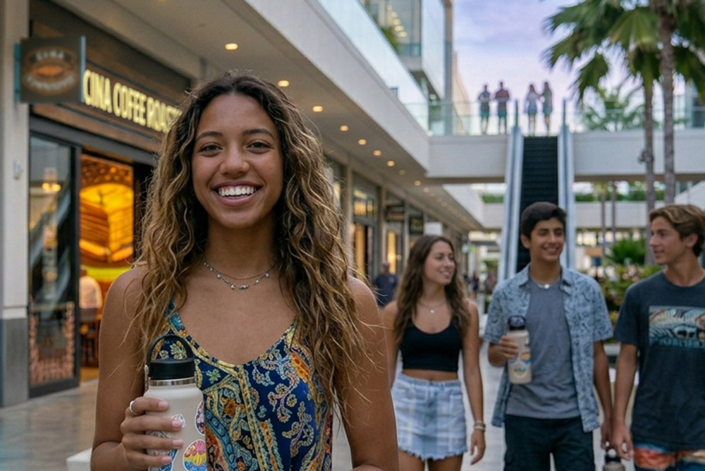 teen girl with invisalign aligners in an outdoor shopping center