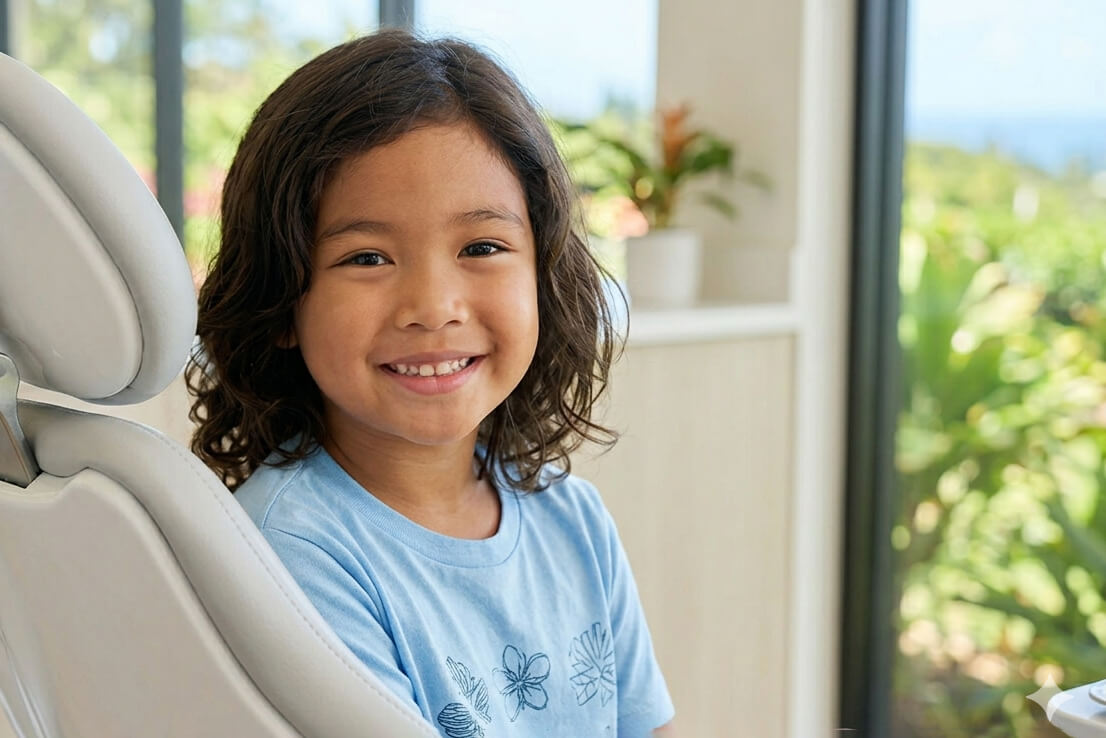 seven year old sitting in a dentist chair smiling