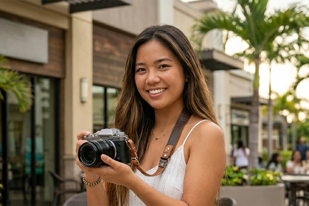 smiling young woman holding a camera