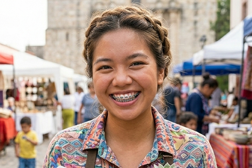 college age woman with braces smiling