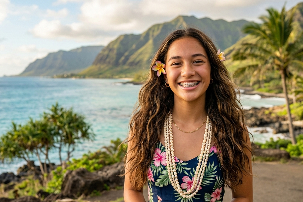 teen girl with braces smiling on the beach