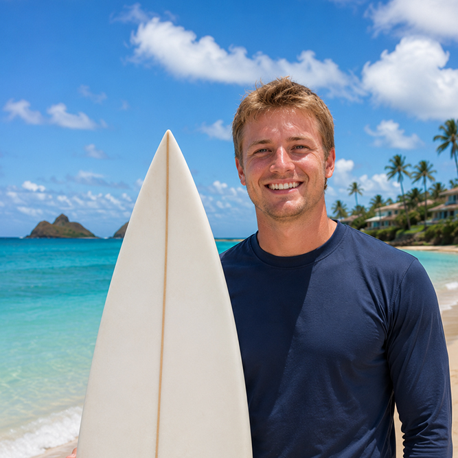man on the beach holding surf board