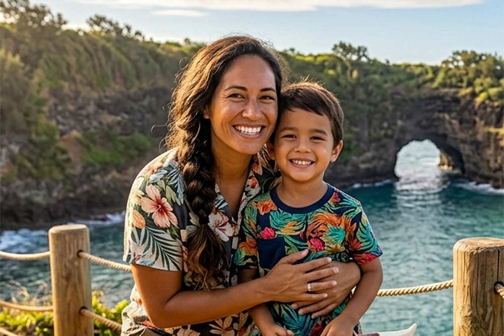 child and parent smiling in front of the ocean